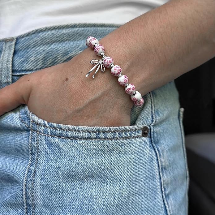 Beads Bow Charm Bracelet for Women Flower Vintage Bracelet Handmade Stretch Beaded Dainty Romantic Jewelry Gifts