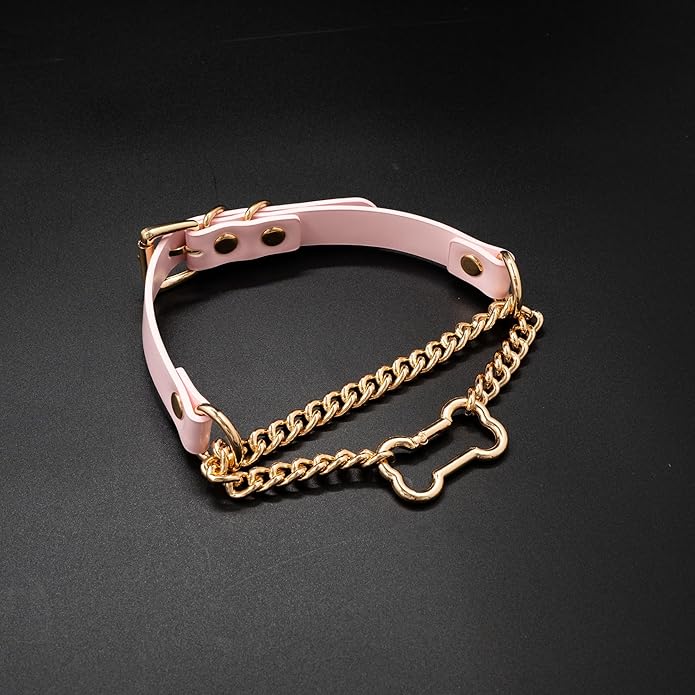 Black/Pink Leather Choker Collar For Women, Handmade Gothic Slip Chain Necklace with Bone Clasp