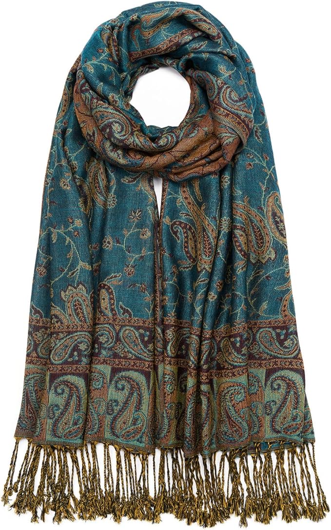 QIUTIMIY Paisley Pashmina Shawl Wrap Women Reversible Vintage Jacquard Pashmina Rave Scarf with Fringe for Evening, Wedding