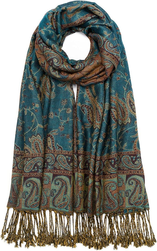 QIUTIMIY Paisley Pashmina Shawl Wrap Women Reversible Vintage Jacquard Pashmina Rave Scarf with Fringe for Evening, Wedding