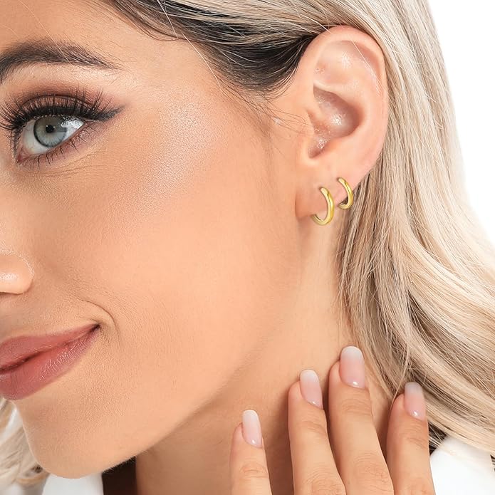 3 Pairs 925 Sterling Silver Hoop Earrings 14K White Gold Plated Small Silver Hoops Cartilage Huggie Earrings for Women Men