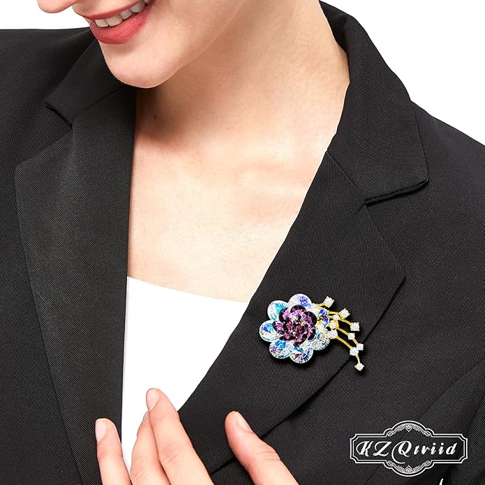 KZQtriid Brooches For Women,14k Gold Plated Copper,Crystal Roselle Cubic Zirconia Brooch Pins For Women ，Crystal Broach,Flower Broach