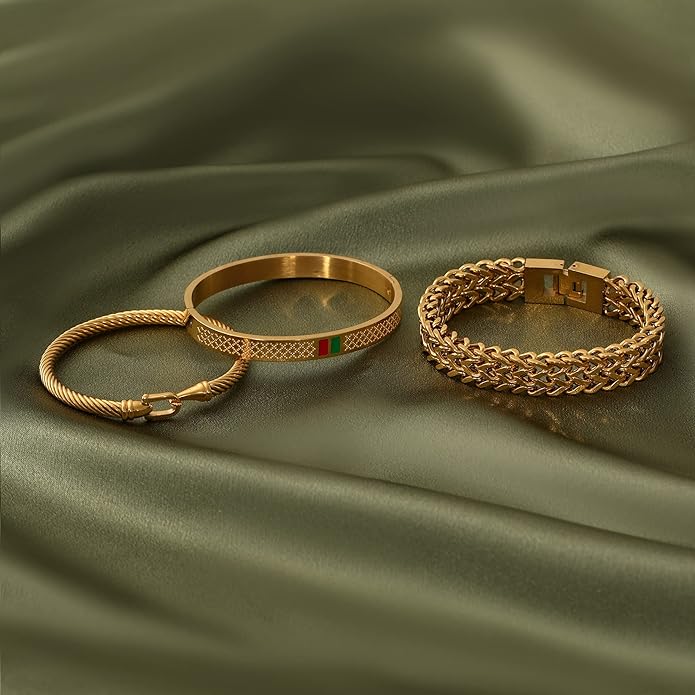 WFYOU 3PCS Stainless Steel Bracelets for Men Gold Roman Numeral Bangle Bracelet Twisted Cable Bracelet Adjustable Cuff Bracelet Mens Luxury Jewelry Bracelets Gifts