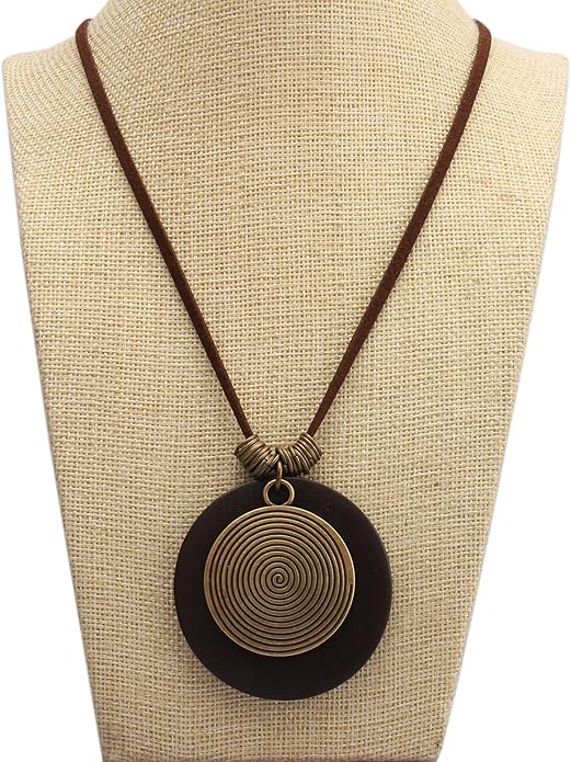 Long Boho Necklaces for Women Vintage Leather Wooden Pendant Y Choker Ethnic Style Gold Circle Hippie Sweater Necklace