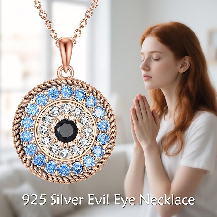 YFN Evil Eye Pendant Necklace for Women 925 Sterling Silver Greek Protection Jewelry with Blue Sapphire and Black Cz Amulet Gift