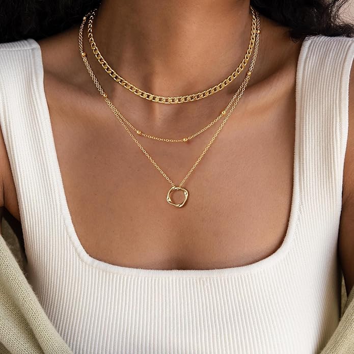 Layered Necklace for Women 14K Gold Plated Dainty Paperclip Herringbone Pearl Cross Pendant Necklace Stack，Layering Chain Cuban Figaro Rope Chain Choker Trendy Gold Jewelry Gift