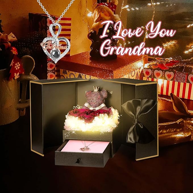 ADDWel Great Gifts for Grandma, Preserved Real Roses with I Love You 100 Languags Grandma Necklace, Cute Bear and Meaningful Eternal Roses for Grandmother Nana Birthday