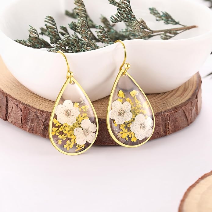 Forget-Me-Not and Queen Anne's Lace Pressed Wildflower Earrings | Pressed Flower Earrings | Handmade Drop and Dangle Earrings | Gift for Woman