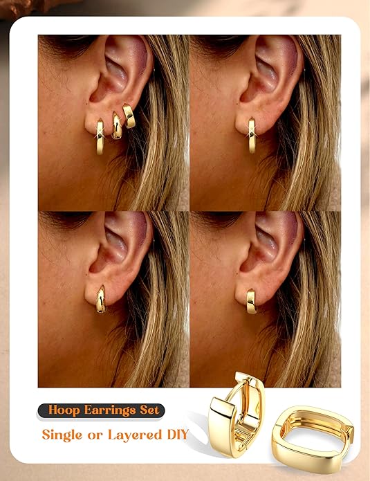 Florideco 3Pairs Chunky Gold Earrings Set 14K Gold Plated Hoop Earrings for Women Trendy Small Thick Huggie Hoops Earring Lightweight Silver Hoop Earring Sets for Multiple Piercing