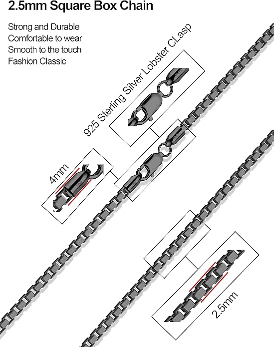 925 Sterling Silver Box Chain 2/3/4/5mm Necklace for Men Silver Link Chain for Women 16/18/20/22/24/26/30 Inches