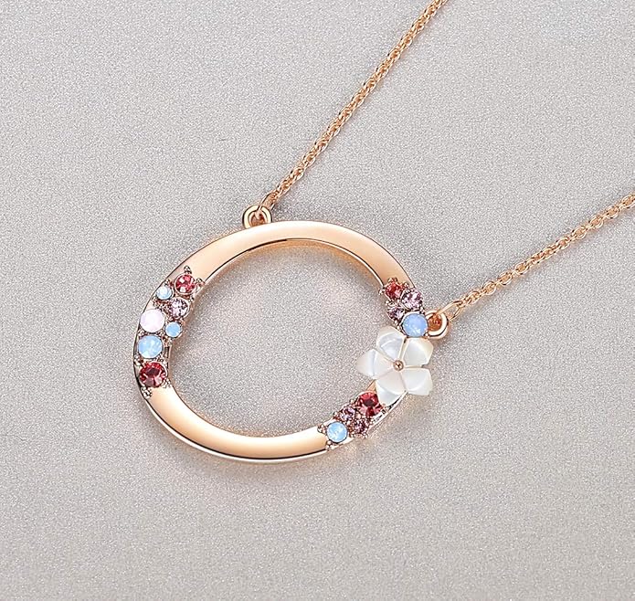Flower Initial Letter Necklace Pink Red Blue Simulated Pearl Pendant Name Jewelry Made with Austrian Crystals Rose Gold Plated Anniversary Birthday Gifts for Women,18"+2"