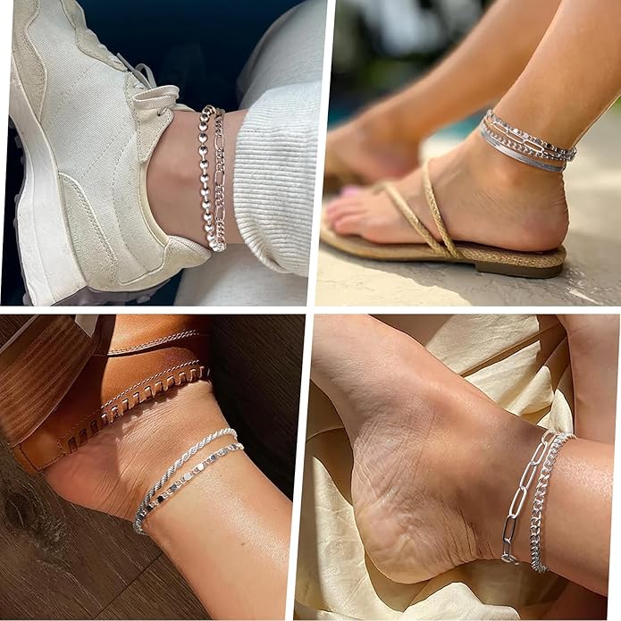 Sterling Silver Anklet Bracelets for Women Waterproof, 925 Sliver Plated CZ & Heart Charm Dainty Layer Anklets for Women Trendy, Simple Chain Anklets Set Gifts for Women, Jewelry Gifts for Her Women Mom Wife Girlfriend