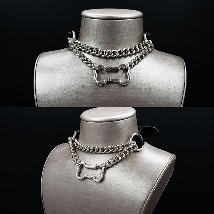 Black/Pink Leather Choker Collar For Women, Handmade Gothic Slip Chain Necklace with Bone Clasp