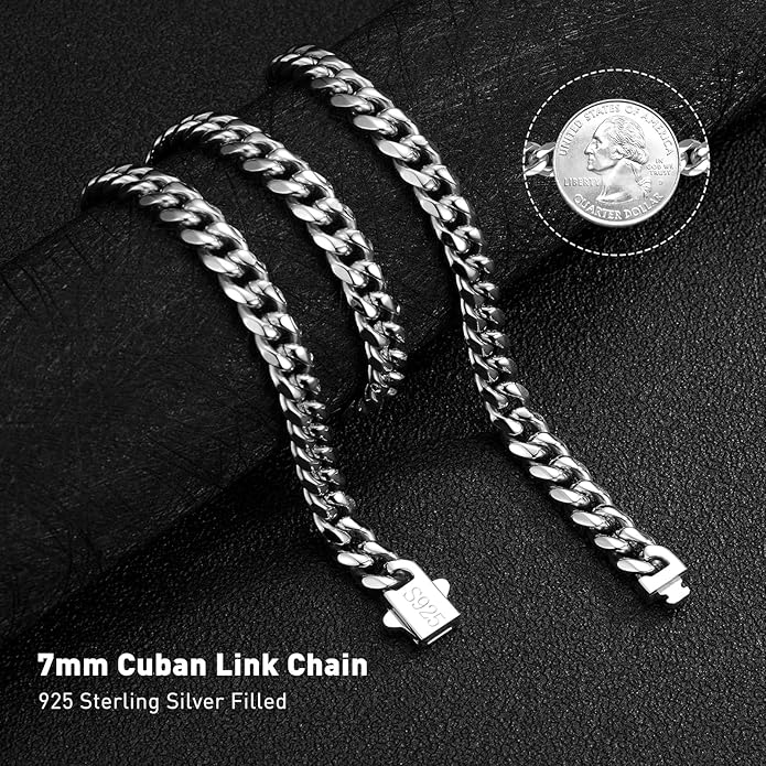 waitrose 7mm Silver Chain for Men Miami Cuban Link Mens Chain,925 Sterling Silver/14K Gold Plated and 316L Stainless Steel Silver/Gold Chains for Men Necklace