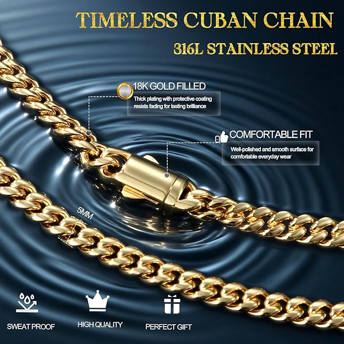 MUSECLOUD Gold Cuban Link Chain for Men Mens Stainless Steel Miami Curb Chains Necklace 5/8mm Thick Real Gold/Silver/Black Plated Diamond Cut Non-Tarnish Jewelry Trendy Christmas Gifts 18-26 Inch