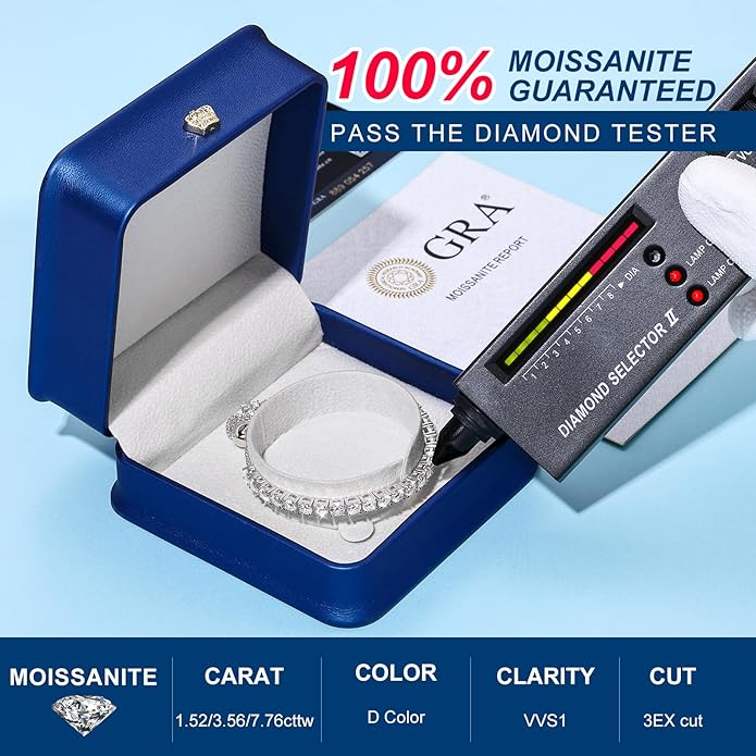 Moissanite Tennis Bracelet 1.52ct-7.76ct Adjustable Bracelet for Women 18K White Gold Plated S925 Sterling Silver Tennis Bracelet D Color VVS1 Round Cut 2/3/4mm Moissanite Bracelet Gifts for Wife/Mom