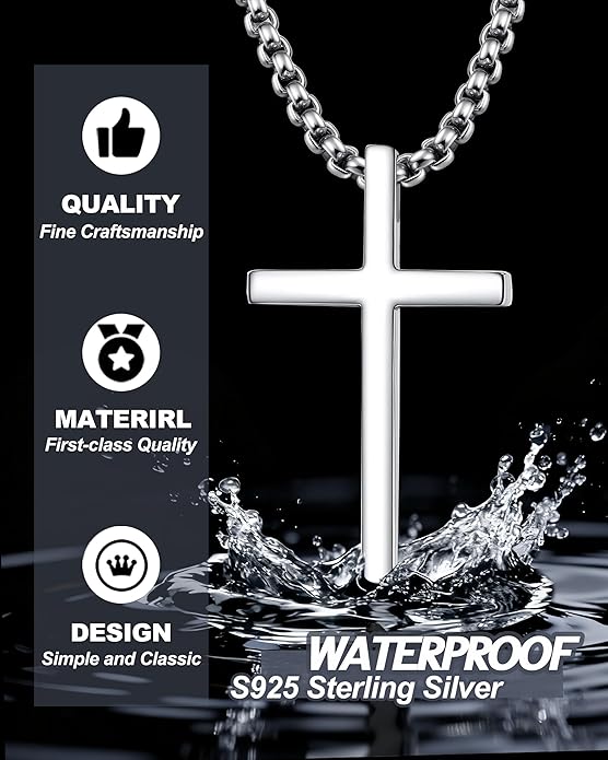 TEN MIRO S925 Sterling Silver Cross Necklace for Men Solid Sterling Silver Cross Pendant Necklace Boys Mens Cross Necklace Jewelry Gifts with Box & Card Birthday Anniversary Christmas Father's Day