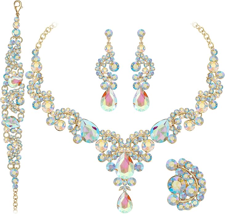 Paxuan Crystal Bridal Wedding Jewelry Sets for Women Rhinestone Teardrop Crystal Statement Choker Necklace Drop Earrings Link Bracelets Rings Teardrop Jewelry Set for Brides Bridesmaids