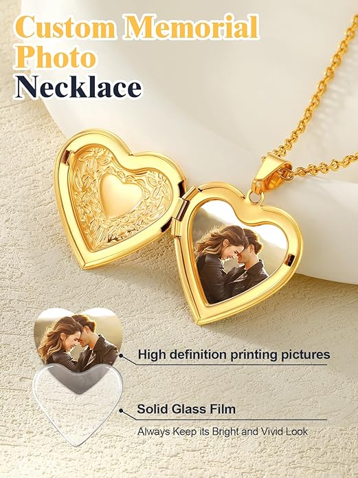 U7 Women Locket Necklace Platinum 14K Gold Photo Lockets that Hold Picture,Chain 20 Inch Personalized Gift Custom Love Heart Image Necklaces