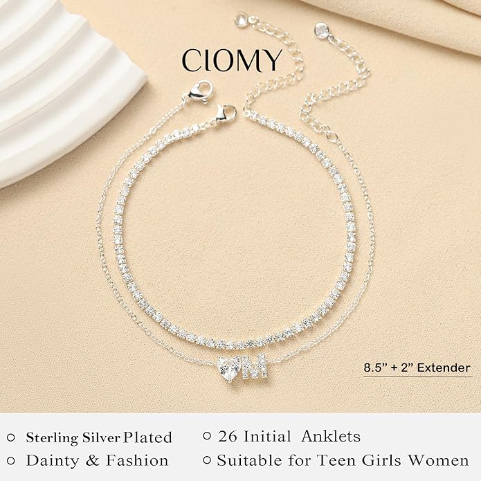 Heart Initial Silver Anklets for Women Waterproof Dainty Silver Plated ankle bracelets for women Large Ankle Women's Anklets Tennis ankle bracelets Non Tarnish Summer Beach Foot Jewelry