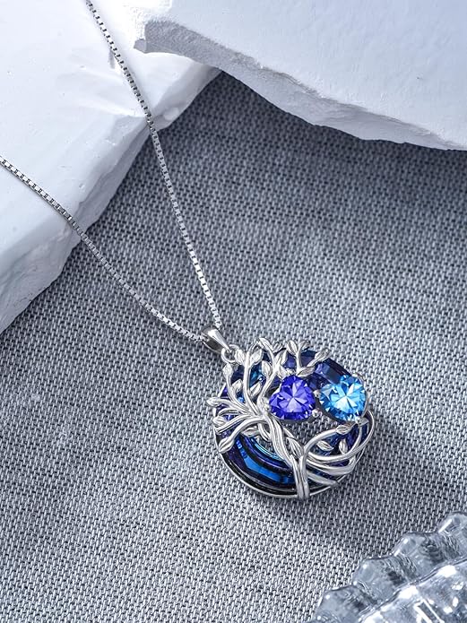 TOUPOP s925 Sterling Silver Family Celtic Tree of Life Pendant Necklaces with 2 Heart Birthstone with Blue Austrian Crystal Jewelry Birthday Anniversary Christmas Gifts for Her Wife Girlfriend Mom (18K Real White Gold Filled)