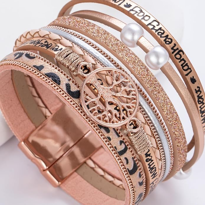 FANCY SHINY Tree of Life Leather Wrap Bracelet Inspirational Cuff Bangles Boho Pearl Bracelets with Magnetic Clasp Unique Jewelry Gifts for Women