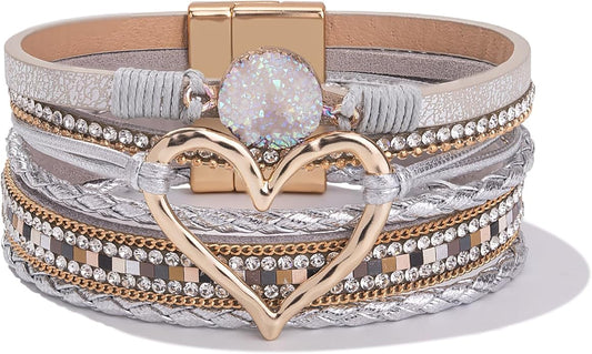 FANCY SHINY Heart Leather Wrap Bracelets Stackable Boho Cuff Bangles Trendy Resin Stone Rhinestone Bracelets with Magnetic Clasp for Women