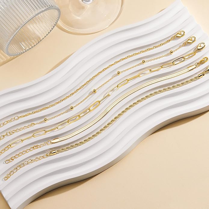 Gold Bracelets for Women Trendy,14K Gold Plated Dainty Stackable Paperclip Cuban Link Chain Bracelets, Simple Cute Cuff Bracelets Jewelry Set Adjustable 7"+2"