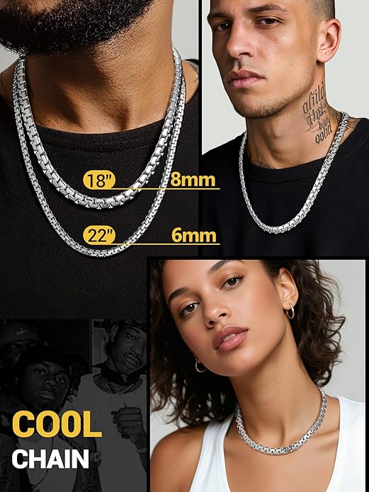 PROSTEEL Stylish Stainless Steel Round Link Chain Necklace for Men, 2mm/4mm/6mm/8mm. Silver/Gold/Black Tone, Hypoallergenic Jewelry, 14"-30", Come with Box