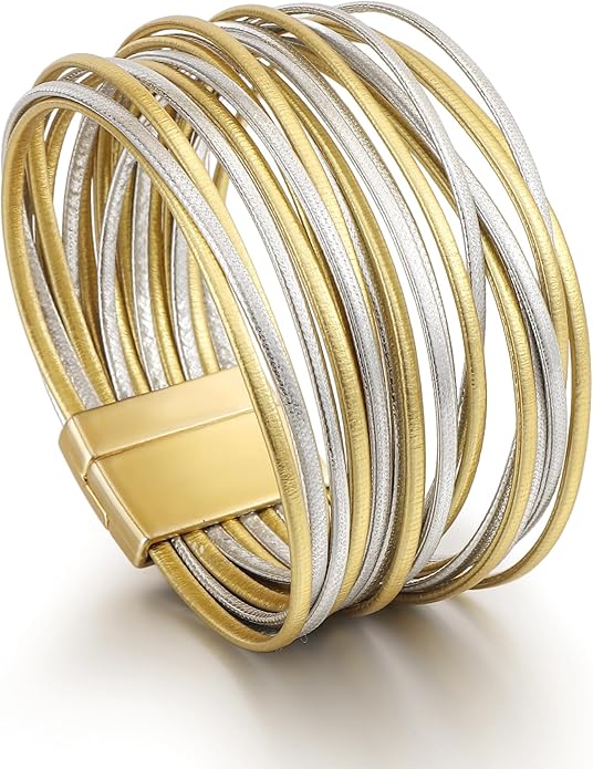 Edoneery Leather Wrap Bracelet for Women, Boho Handmade Multi-Layer Cuff with Crystal Beads Heart, Stackable Bangle Western Jewelry Gift