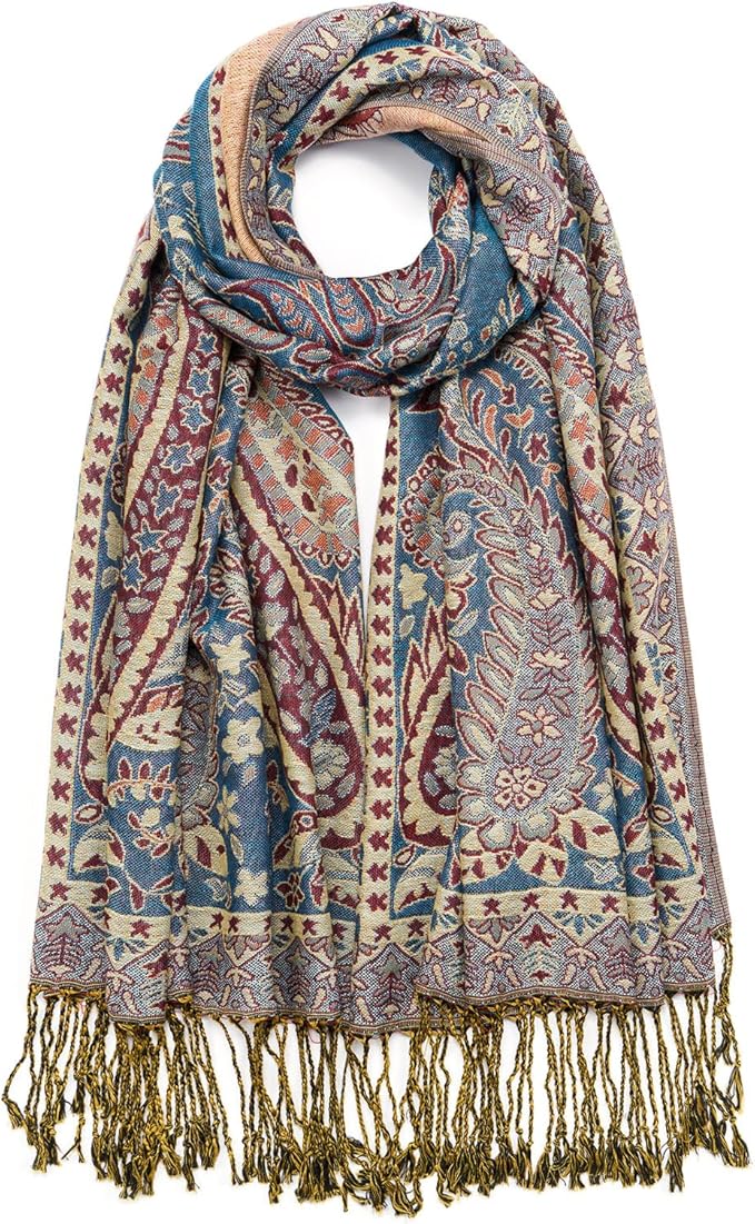 QIUTIMIY Paisley Pashmina Shawl Wrap Women Reversible Vintage Jacquard Pashmina Rave Scarf with Fringe for Evening, Wedding