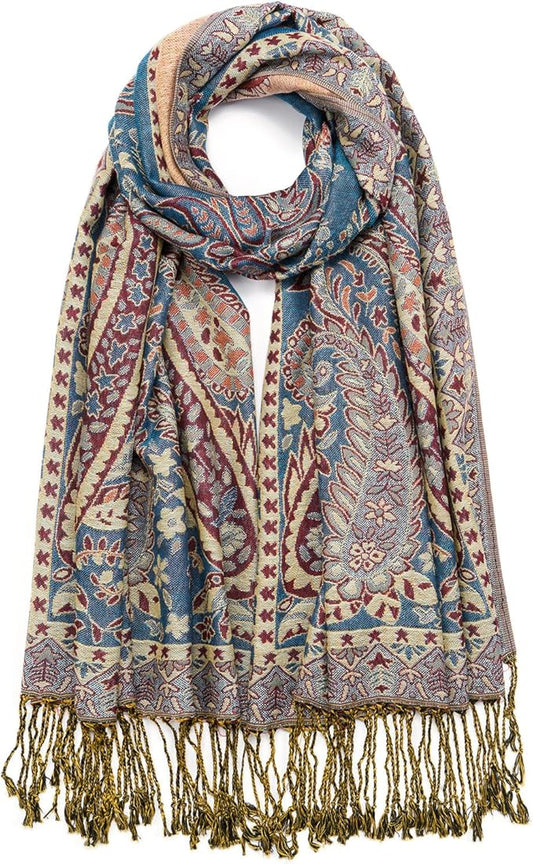 QIUTIMIY Paisley Pashmina Shawl Wrap Women Reversible Vintage Jacquard Pashmina Rave Scarf with Fringe for Evening, Wedding
