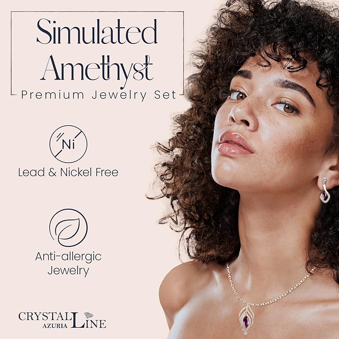 Crystalline Azuria Crystals Simulated Purple Amethyst Set Pendant Necklace 18 inches Earrings 18K Rose Gold Plated for Women