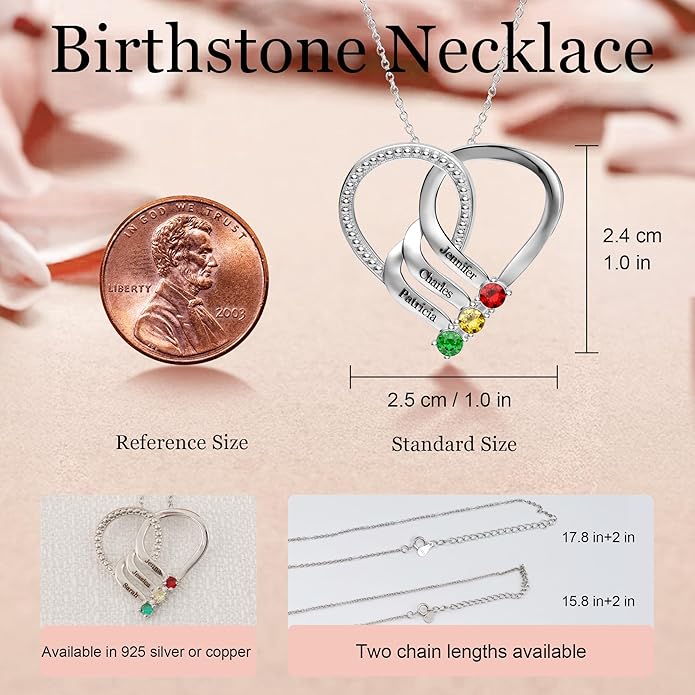 Easycosy Custom Name Necklace with Simulated Birthstones Customized Promise Necklace Heart Pendant with Engraved 2-6 Names - Anniversary Birthday Christmas Jewelry Gifts for Women Wife Mom Grandma