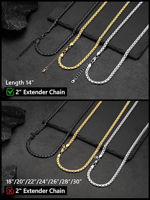 FaithHeart Mens Black/Silver/Gold Stainless Steel Flat Box Link Chain Necklace, Stylish 2/4/6/8mm Width Box Chains Necklaces for Men Non Tarnish Hip Hop Chain Jewelry Gifts,14"-30" Length