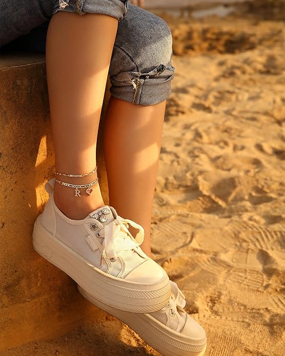 Initial Ankle Bracelets for Women Waterproof 14K Gold Plated Dainty Layered Figaro Chain Letter Initial CZ Heart Ankle Bracelets Set Summer Beach Jewelry for Women