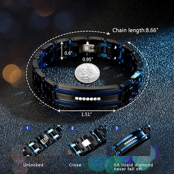Holizaly Men's Curved Brand Bracelet, Black and Blue Ion Plated Black Gifts Men Women Birthday Valentine's Day Jewelry Gifts Husband Boyfriend Son