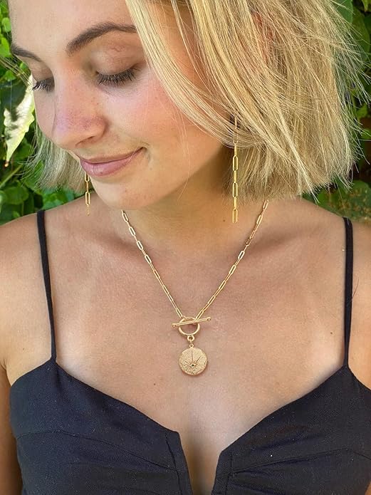 CANEVINKA Dainty Cross Medallion/Heart Pendant Chain Necklace 18K Gold Plated Oval Choker Fashion OT Toggle Jewelry Handmade for Women Simple Gold Charm Necklace