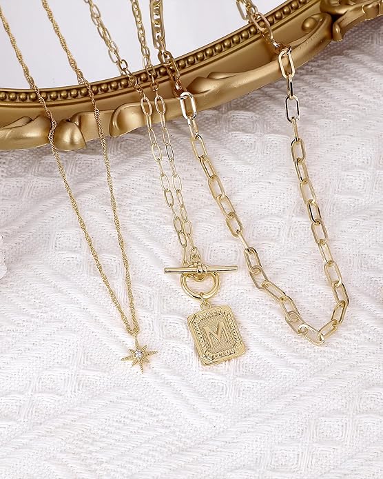 MJartoria Layered Initial Necklaces for Women Trendy, 14K Gold Plated Brass Simple Star Choker Square Letter Pendant Necklace, Paperclip Chain Necklaces Jewelry Gifts