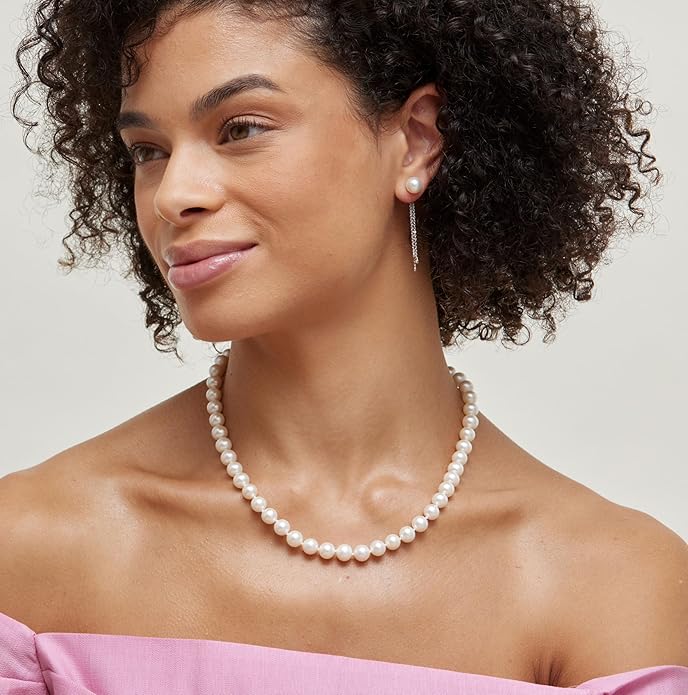 The Pearl Source Real Pearl Necklace for Women with AAA+ Quality Round White Freshwater Genuine Cultured Pearls | Pearl Strand with 14K Gold Plated Sterling Silver Clasp