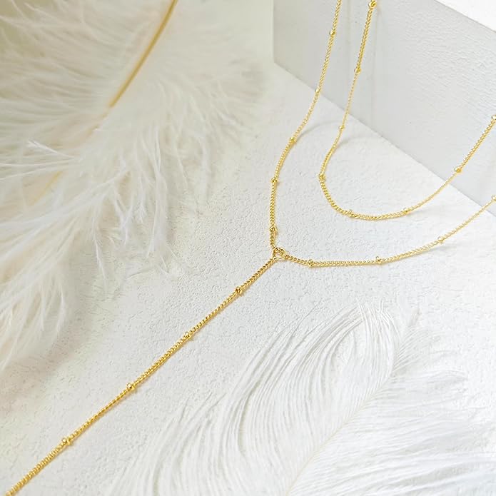 Luxval Lariat Gold Necklace for Women, Dainty Long Necklace 14k Gold Plated/Silver Y-Shaped Pendant Necklaces Trendy Beaded Chain Drop Necklaces Jewelry for Women Gifts