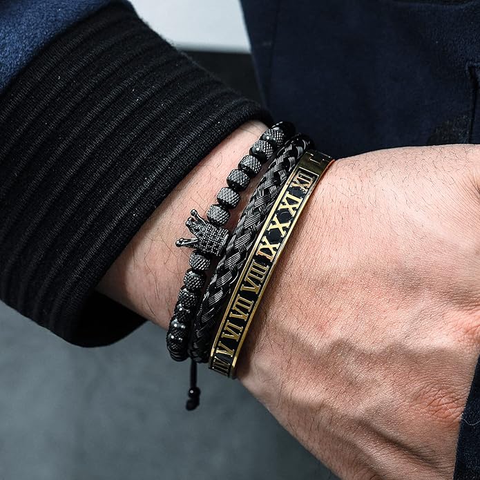 WFYOU 3PCS Stainless Steel Bracelets for Men Gold Roman Numeral Bangle Bracelet Twisted Cable Bracelet Adjustable Cuff Bracelet Mens Luxury Jewelry Bracelets Gifts