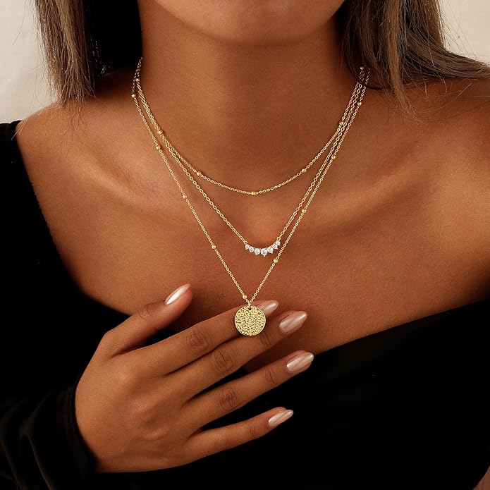 Layered Necklaces for Women 14K Gold Plated Stack Circle Pendant Trendy Long Chain Stackable Handmade Coin Necklace Set Dainty Gold Stacked Jewelry Gifts