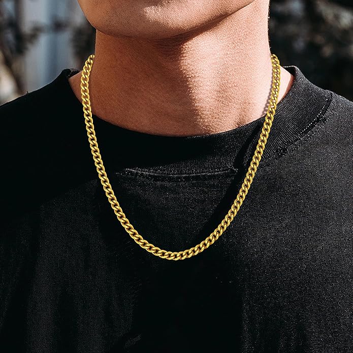 sovesi 3.5/5mm Cuban Link Chain Necklace for Men, Silver Tone/Black/14K Gold Plated Stainless Steel Necklace Chain, Mens Chain 16-28 Inch Jewelry Gift