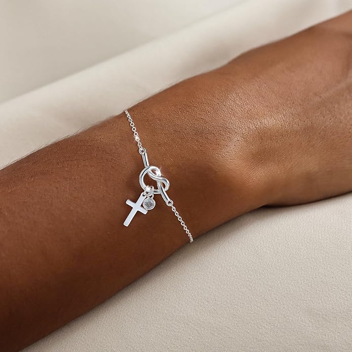 Moodear Christmas Gifts Sotcking Stuffers, Dainty 925 Sterling Silver/14k Gold Plated CZ Cross Bracelet Layered Snake Pearl Chain Knot Bracelets for Women Trendy Religious Christian Jewelry