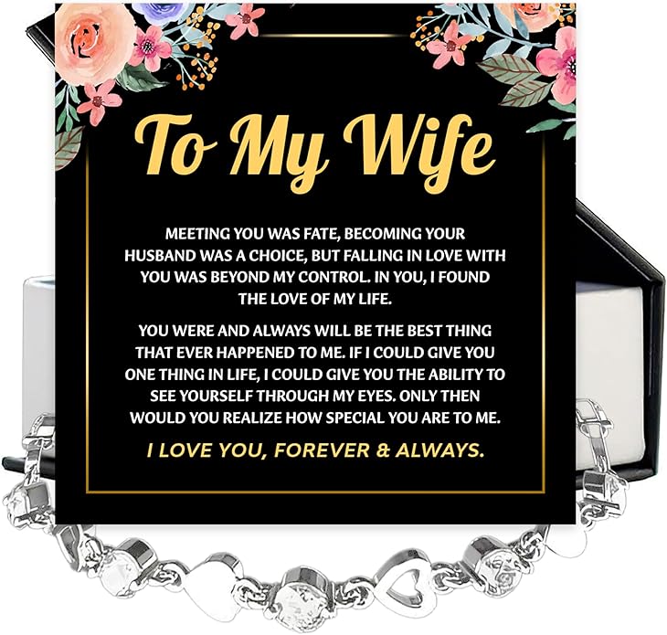To My Wife Crystal Heart Bracelet Gift From Husband, Beautiful Wife Jewelry For Anniversary, Birthday, Christmas, Valentine’s Day, Bracelet For Her With Heartfelt Message & Elegant Box