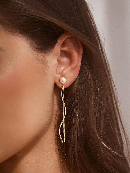 Moodear Dangle Earrings 14K Gold Plated Chain Earrings for Women Trendy Dainty Hypoallergenic Long Chain Drop Tassel CZ/Pearl Earrings Wedding Jewelry Gift