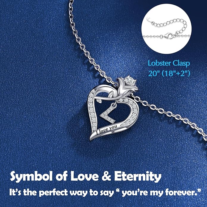 DWWGE Rose Heart Pendant Necklace Gifts for Wife, Engraved 'I love you' Gift for Wife Girlfriend, Anniversary Birthday Eternity Jewelry Present for Women, Moissanite Necklace Gift for Her