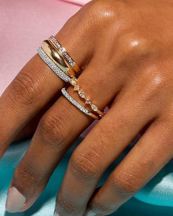 FUNEIA Stackable Gold Rings for Women Non Tarnish Trendy Dainty 14K Gold Plated Stacking Cubic Zirconia Thumb Ring Set Pack Statement Chunky Band Rings Promise Engagement Rings Size 7 8 9 10 11