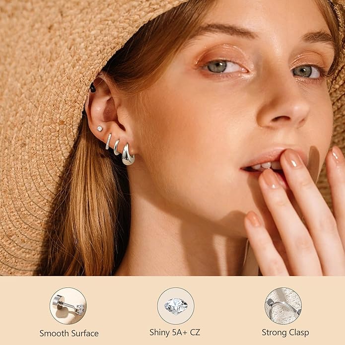 BESTEEL Small Hoop Earrings for Women - Hypoallergenic 14K Gold Plated Surgical Steel Chunky Huggie Earings Stacks Set Dainty Cute Cartilage Flat Back Stud Jewelry Trendy Gift 4 Pairs